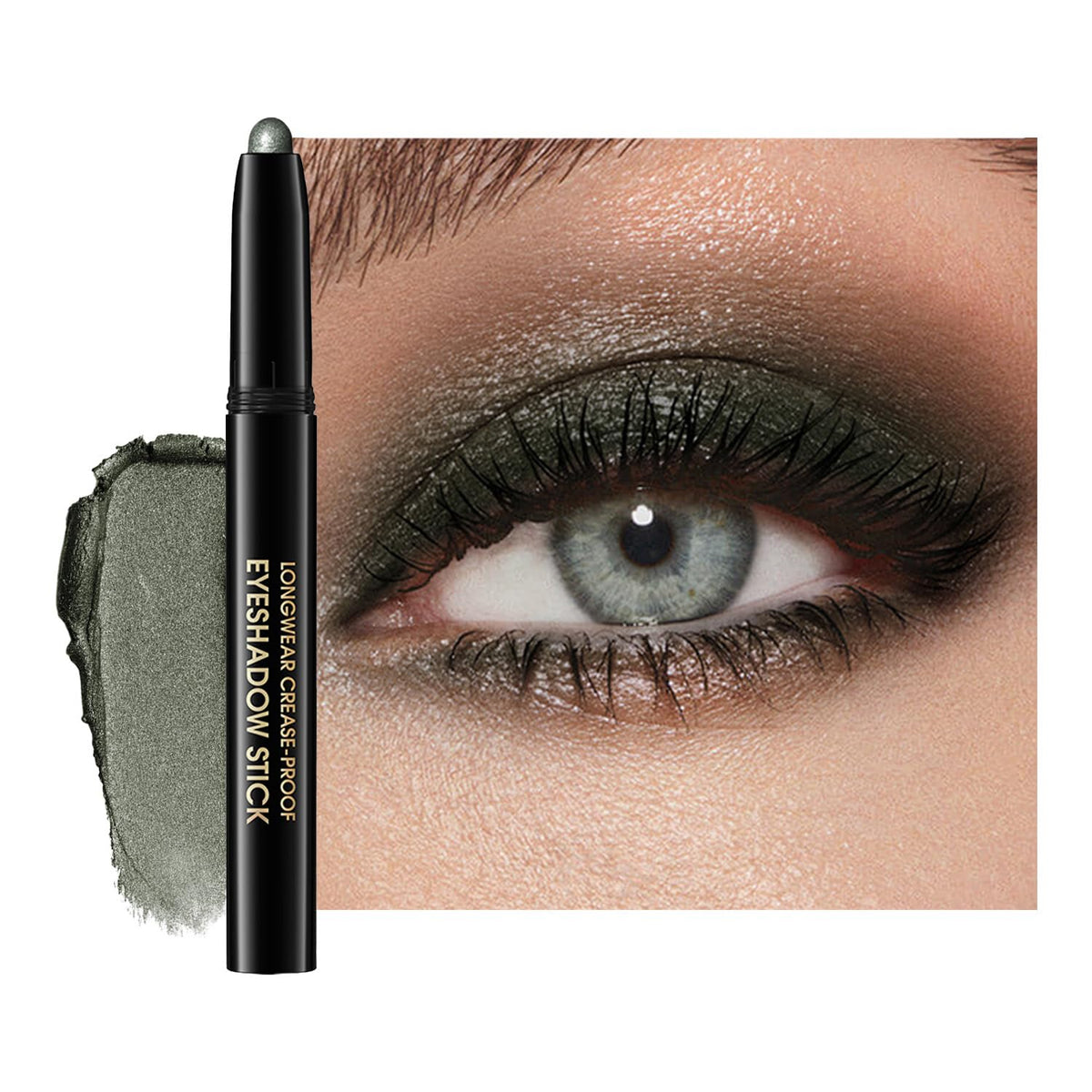 Chifure eyeshadow stick front packaging showing bottle green shade and portability benefit