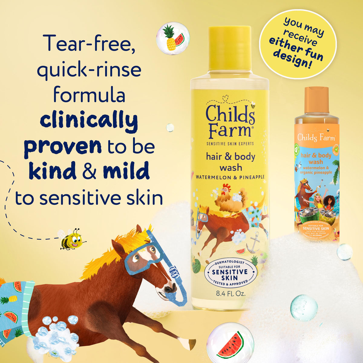 Childs Farm bottle staged with watermelon and pineapple highlighting natural fragrance appeal
