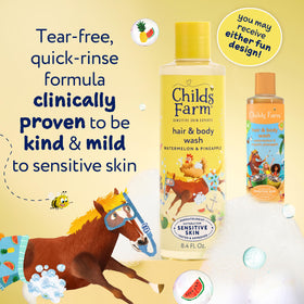 Childs Farm bottle staged with watermelon and pineapple highlighting natural fragrance appeal