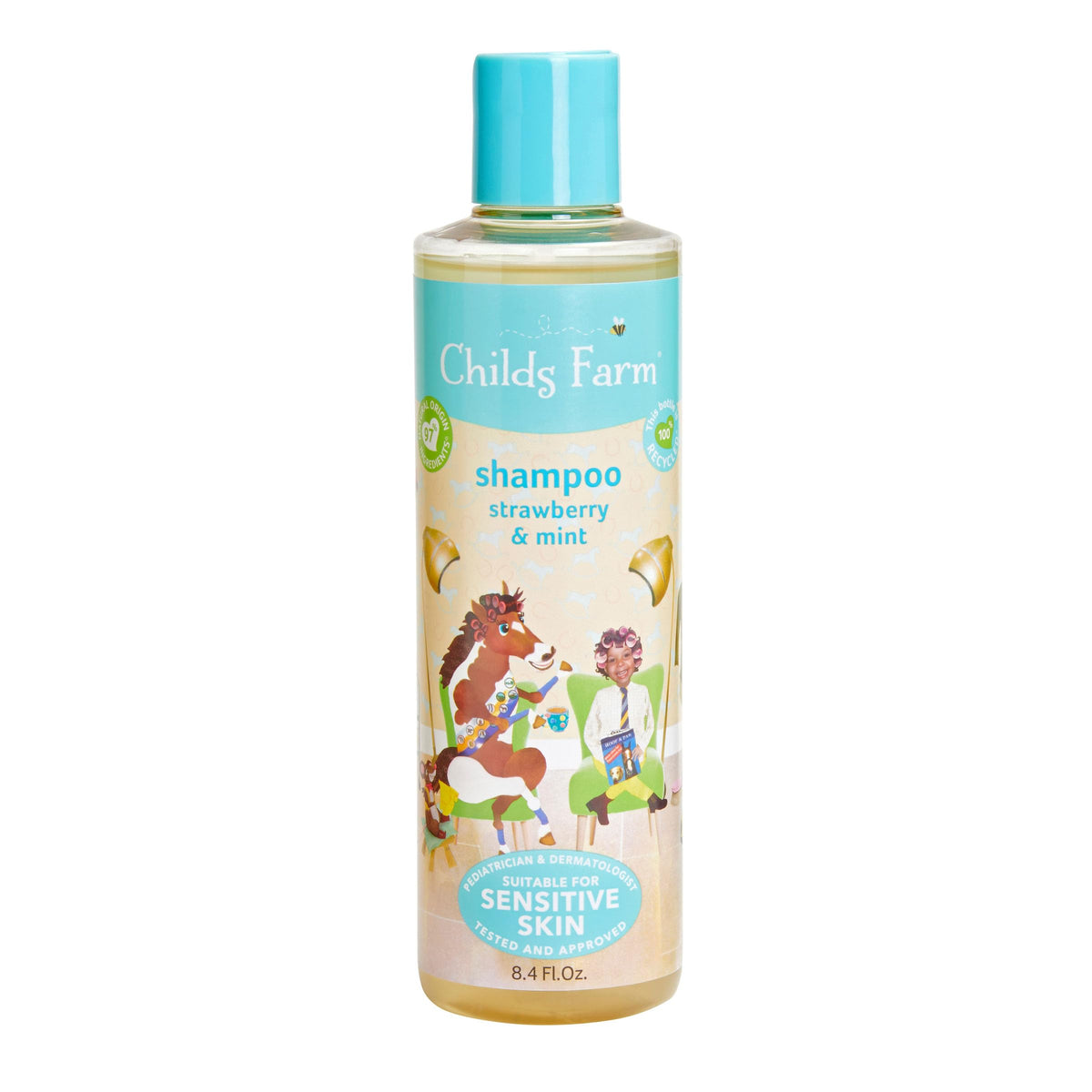 Childs Farm front bottle view showing strawberry mint scent and gentle formula benefit