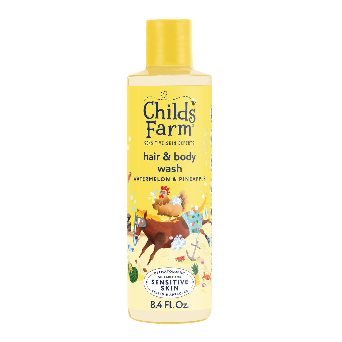 Childs Farm front packaging showing 8.4 fl oz bottle and watermelon pineapple scent benefits
