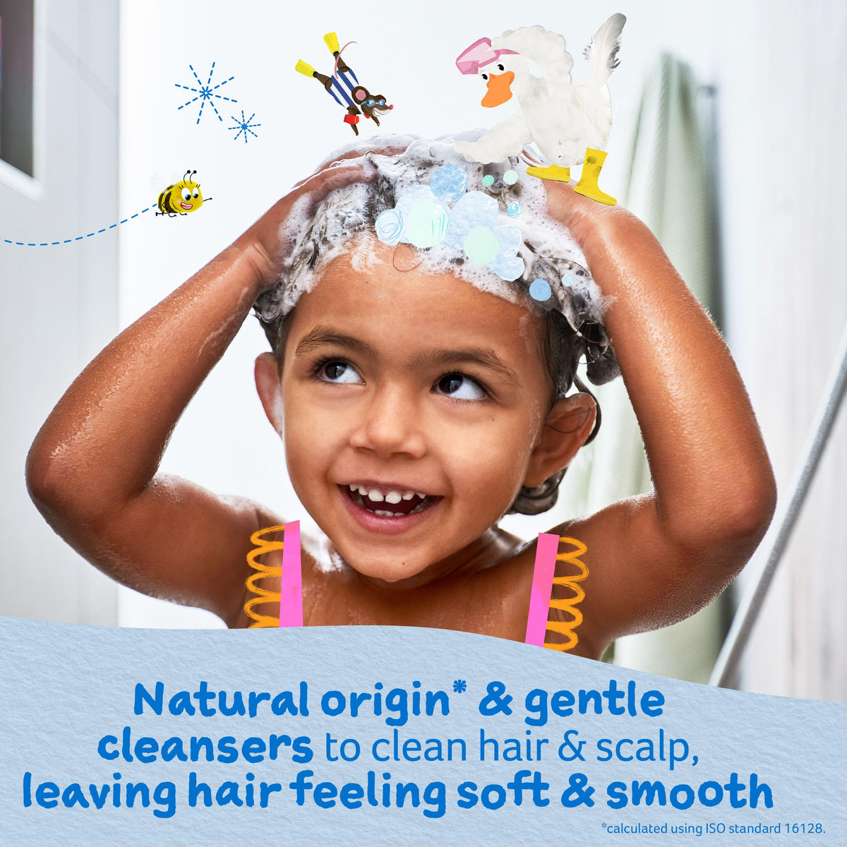 Close-up of Childs Farm label and pump highlighting safe-for-sensitive-skin benefit
