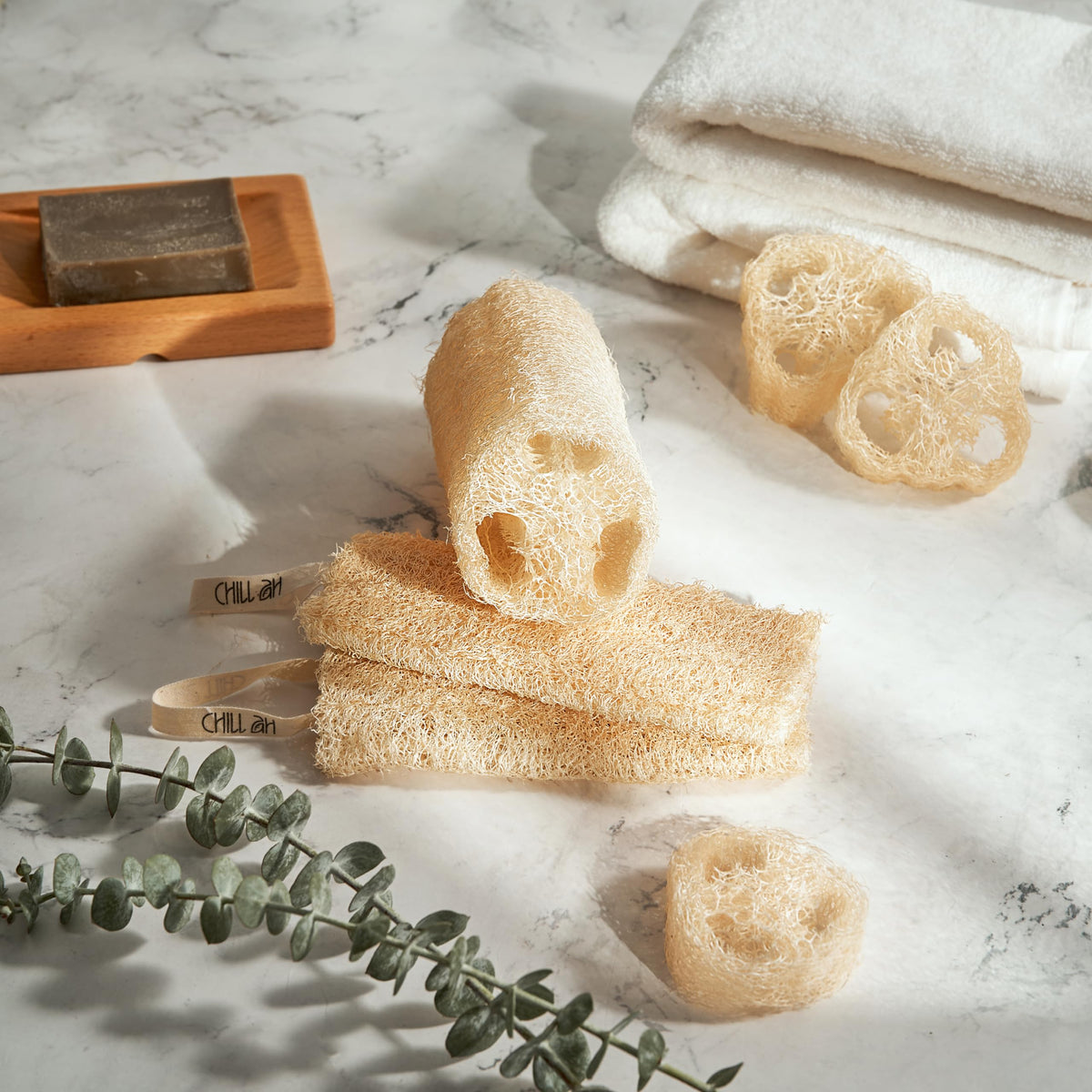 Chill Ah close-up of loofah fibers highlighting texture and gentle exfoliation benefit
