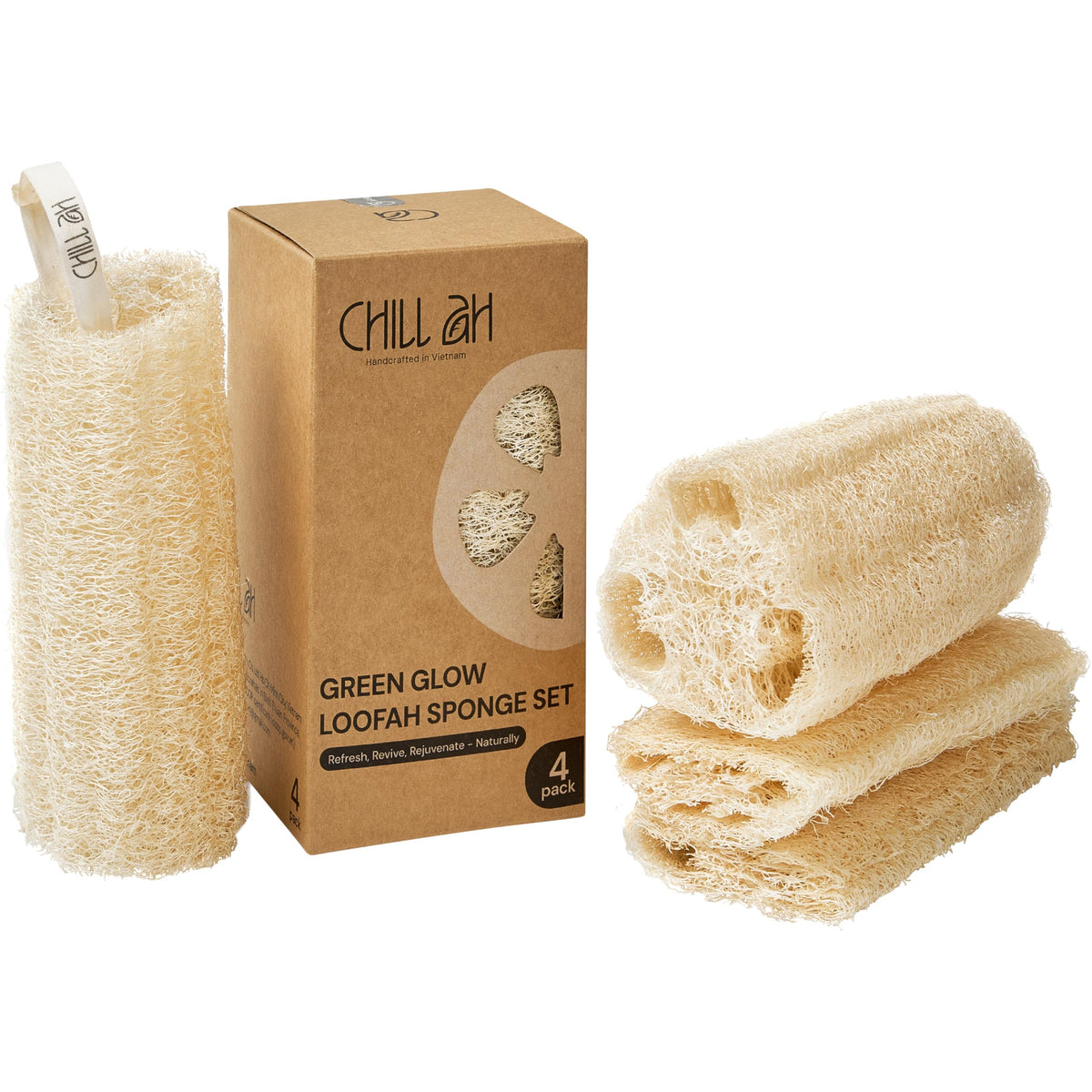 Chill Ah front view of four-pack loofah set showing natural, dye-free appearance and eco benefit