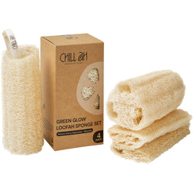 Chill Ah front view of four-pack loofah set showing natural, dye-free appearance and eco benefit