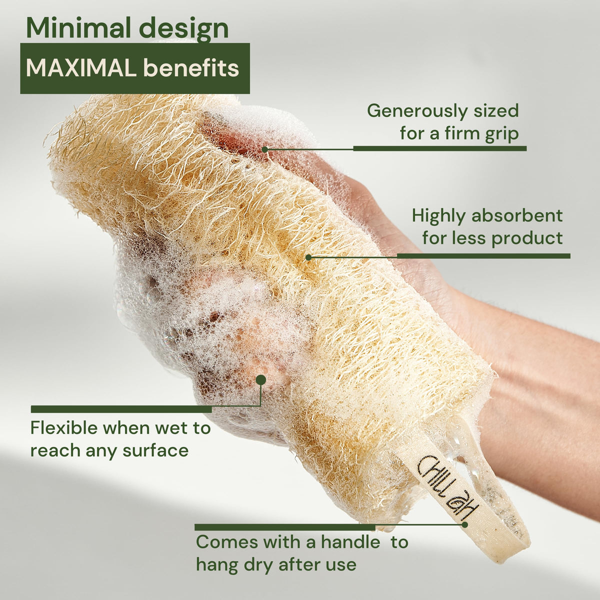 Chill Ah wet loofah creating lather in shower showing efficient soap use benefit