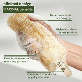 Chill Ah wet loofah creating lather in shower showing efficient soap use benefit