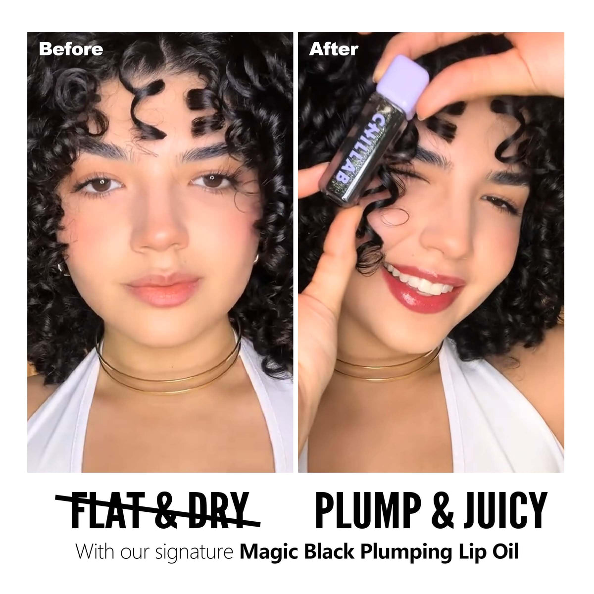 Chillab on model wearing natural glossy finish, demonstrates hydrating radiant look