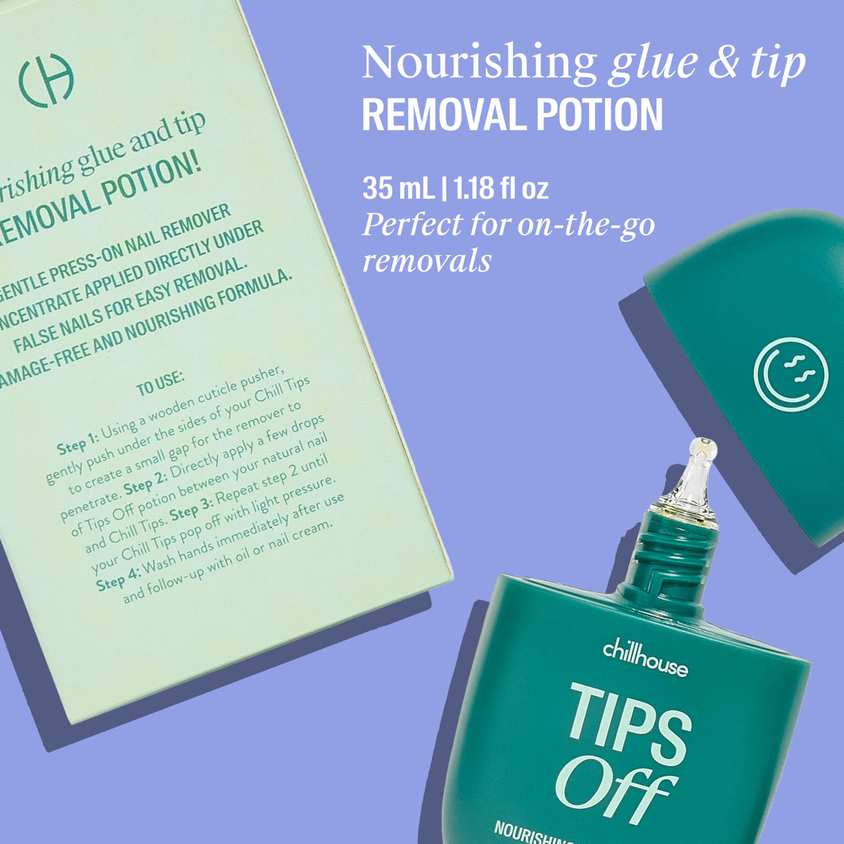 Chillhouse bottle applying Tips Off between tip and nail for gentle removal benefit