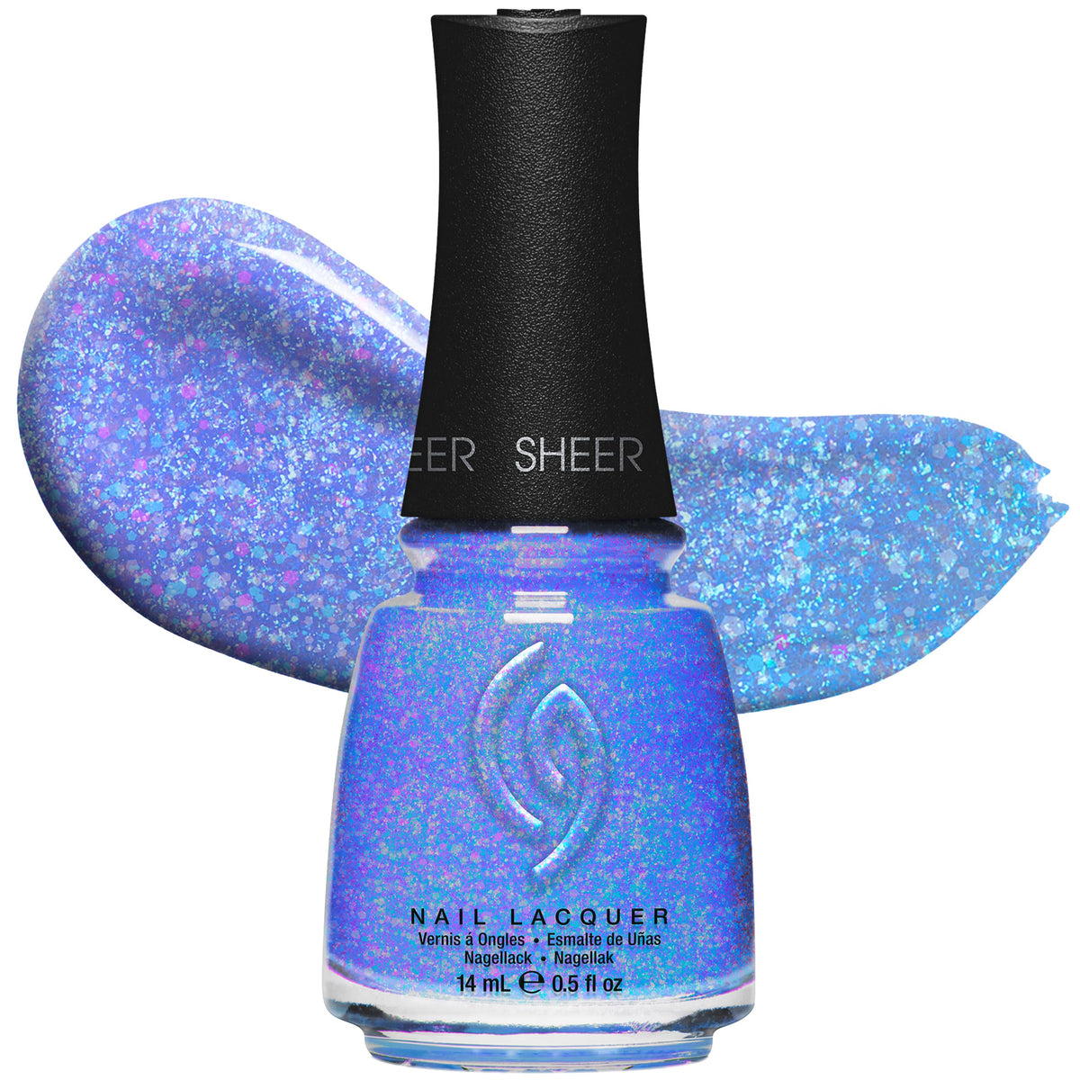 China Glaze bottle front view showing periwinkle shimmer and glossy benefit