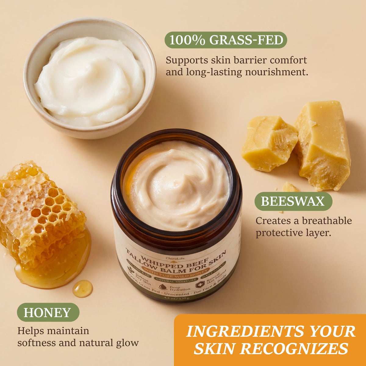 ChiroLife open jar texture of whipped tallow showing airy cream for quick absorption