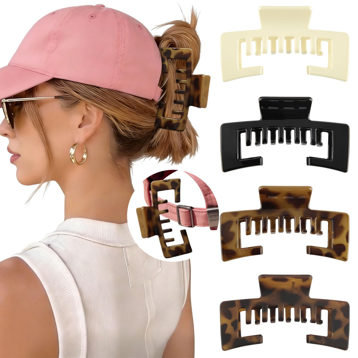 CHLINS front packaging showcasing four hat-friendly claw clips and easy storage