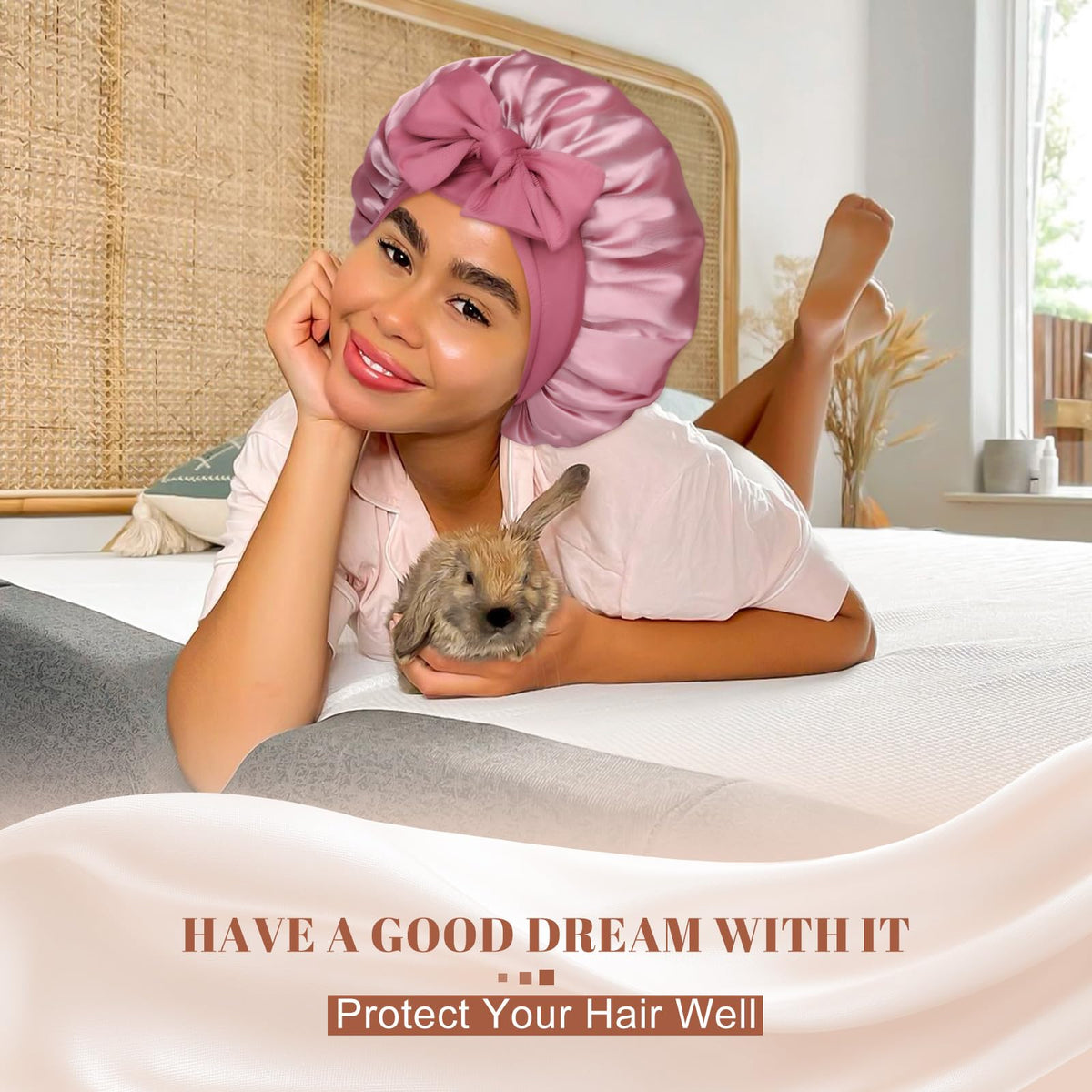 CHLINS bonnet beside hand showing scale benefit: roomy for long or thick hair