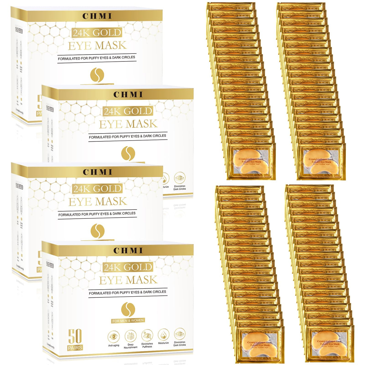 CHMI front packaging showing 24K gold eye patches and long-lasting supply