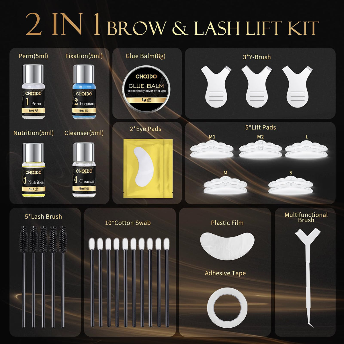 Choido brushes, Y-comb and tools laid out for easy professional application benefit