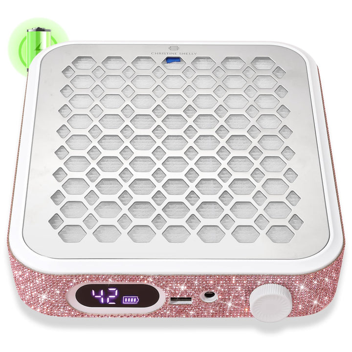 CHRISTINE SHELLY front view showing compact pink dust collector and clean workspace benefit