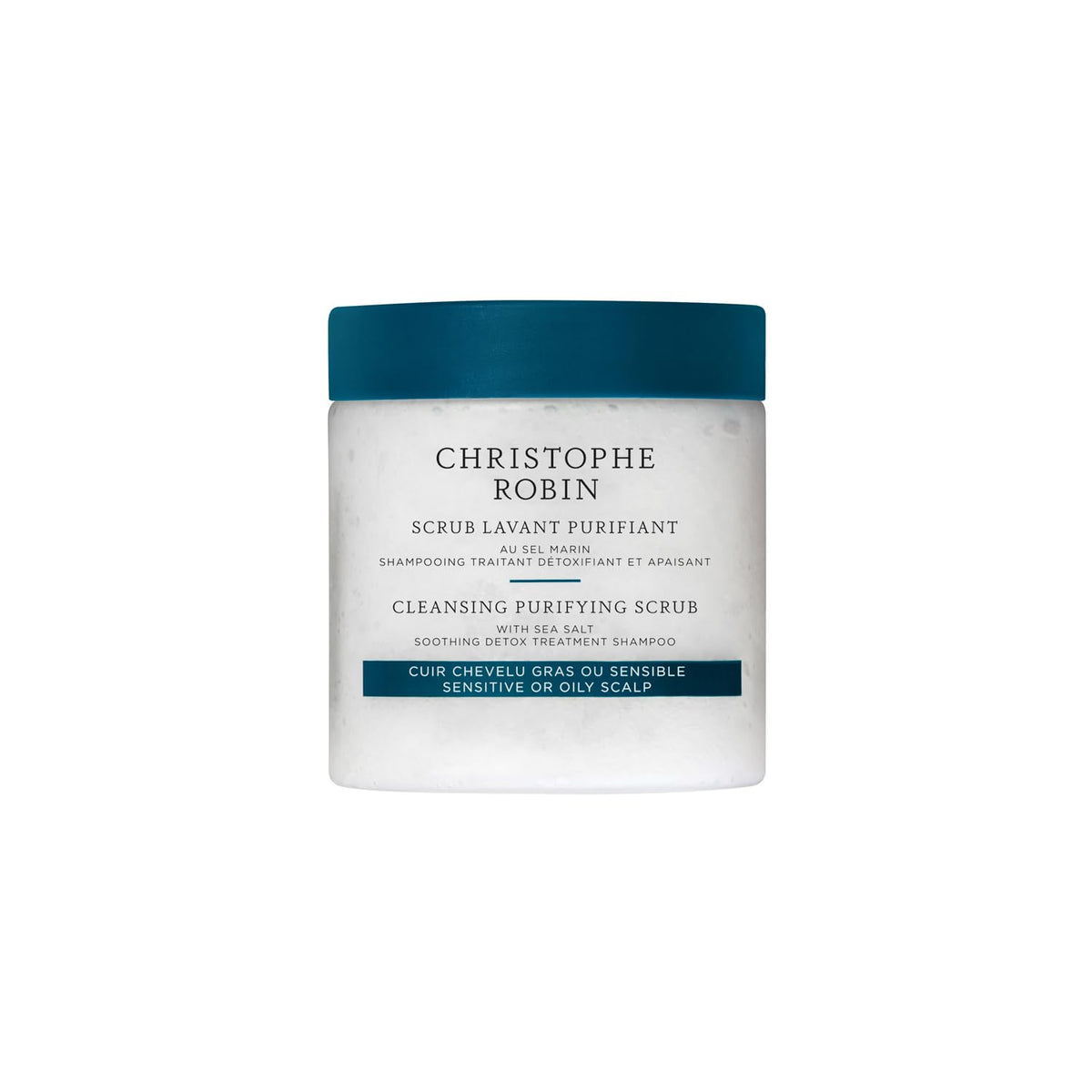 Christophe Robin jar front view showing product clarity and premium packaging benefit