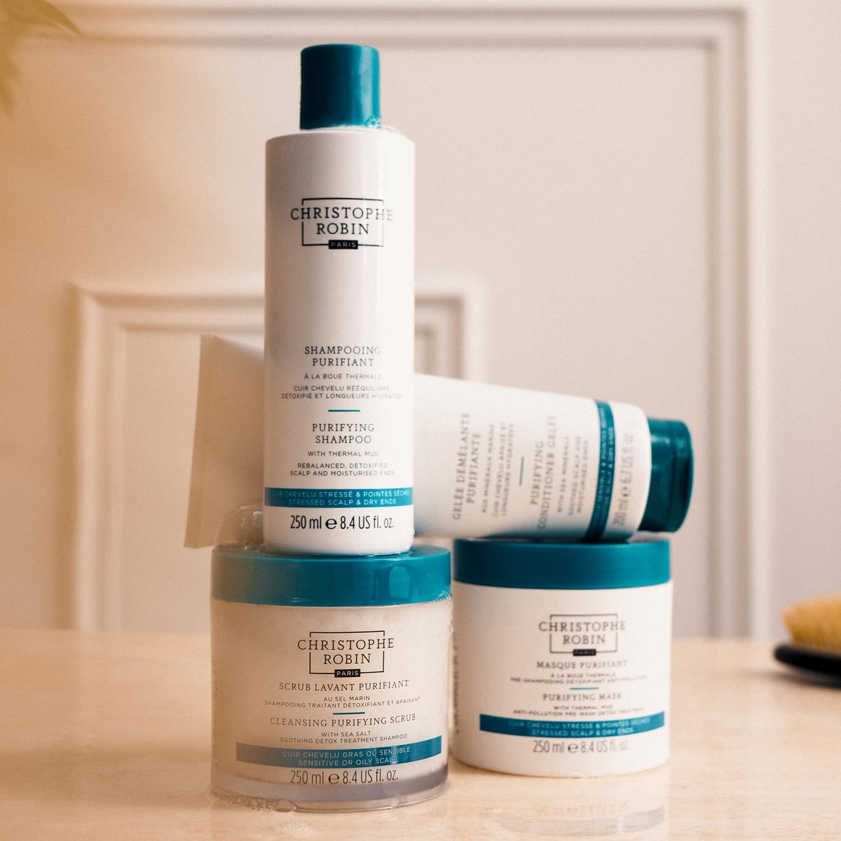 Christophe Robin lifestyle bathroom shelf display conveying premium routine