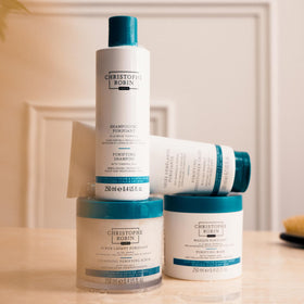 Christophe Robin lifestyle bathroom shelf display conveying premium routine