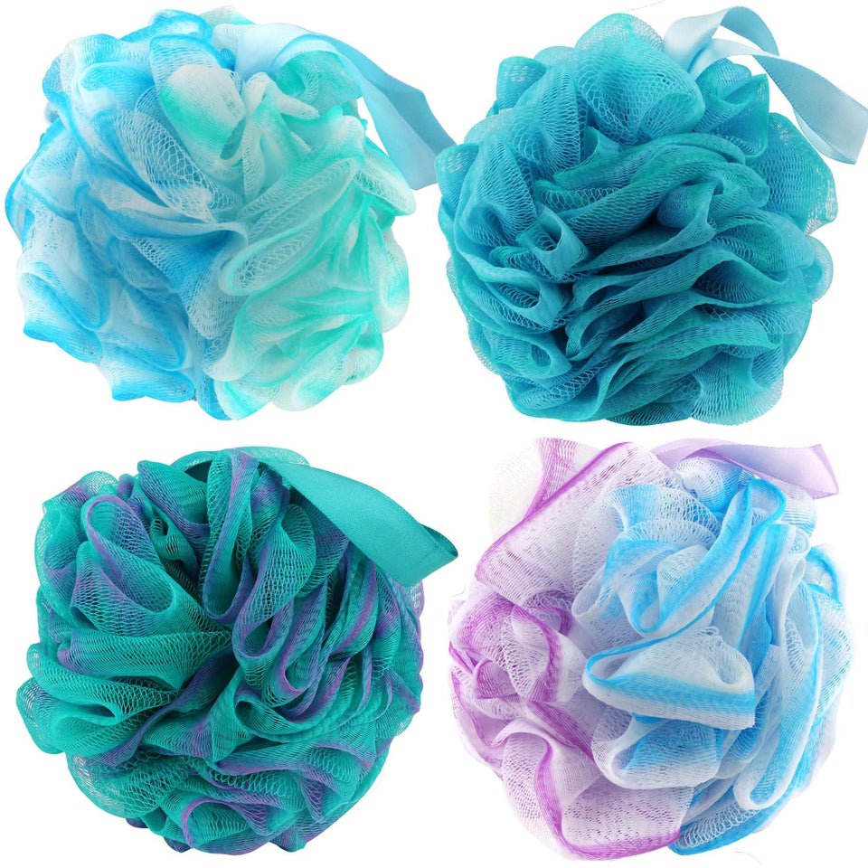 Chuya front packaging showing four shower loofahs and clear product view benefiting storage