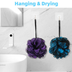 Chuya loofahs hanging on ribbon loop to dry fast and stay hygienic
