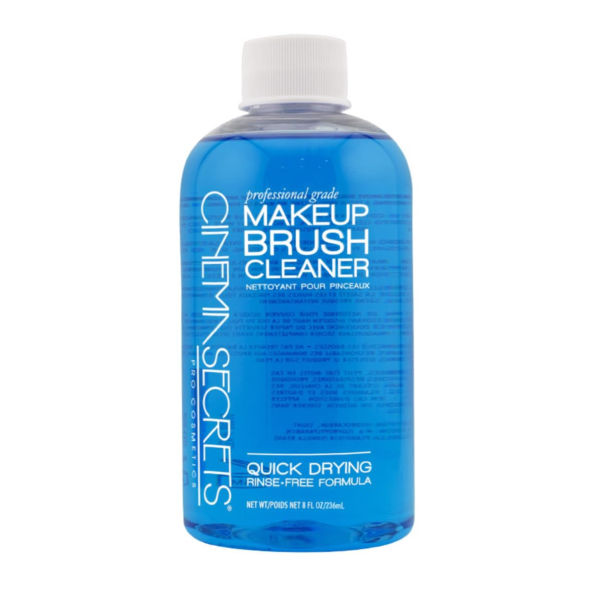 Cinema Secrets bottle front view showing blue vanilla scent and quick-dry benefit