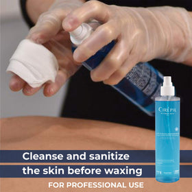 Cirepil being poured onto cotton pad demonstrating sanitizing pre-wax step