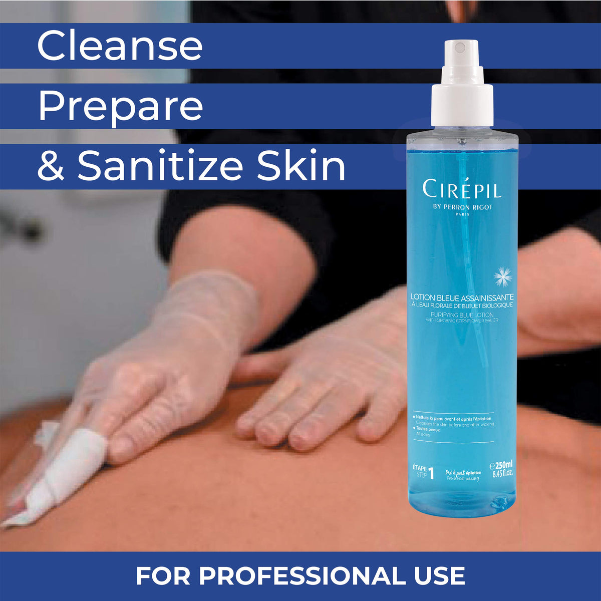Cirepil 250ml bottle next to a hand for size and convenient salon use