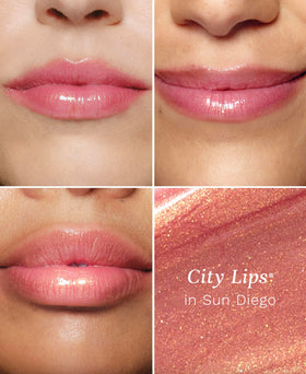 City Beauty City Lips close-up shimmer detail showing Sun Diego gold shift and luminous benefit