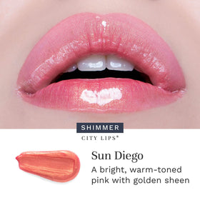 City Beauty City Lips next to a coin showing size and travel-friendly convenience benefit