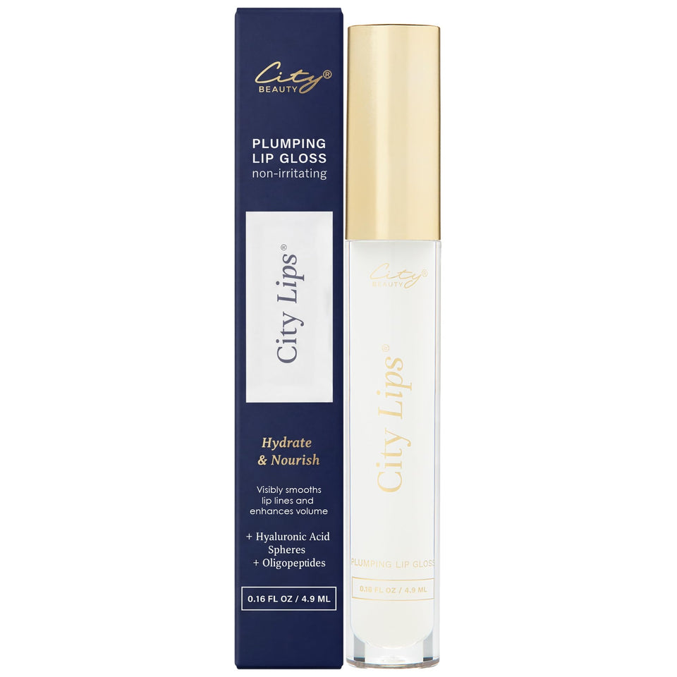 City Beauty City Lips clear front packaging showing glossy tube and branding benefits