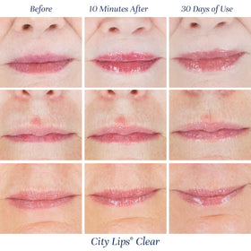 City Beauty City Lips clear next to coin for size comparison, travel-friendly benefit