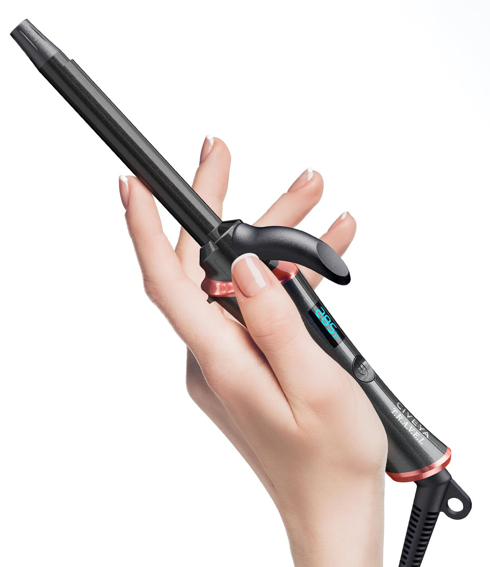 CIVEYA mini curling iron front view showing compact design and controls for travel convenience