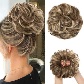 CJL HAIR front view of large messy bun packaging showing color and fullness benefit