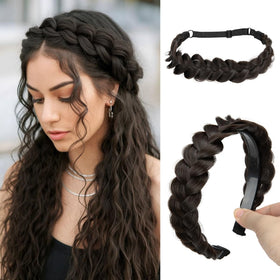 CJL HAIR front view of two-piece dark brown braided headbands showing neat finish and styling benefit