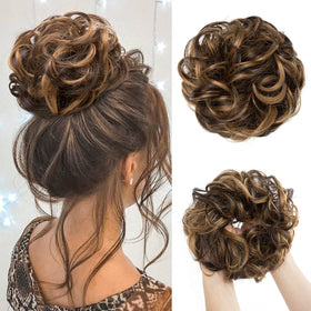 CJL HAIR front view of messy bun in dark brown golden blonde, fast styling benefit