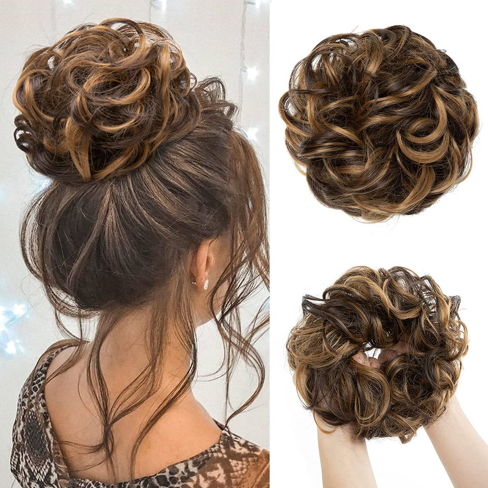 CJL HAIR front view of messy bun in dark brown golden blonde, fast styling benefit