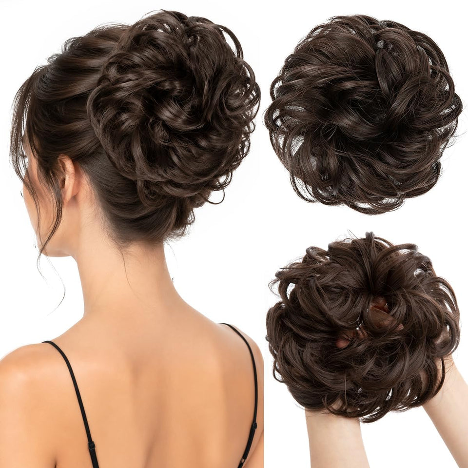 CJL HAIR front view of dark brown messy bun showing shape and volume benefit