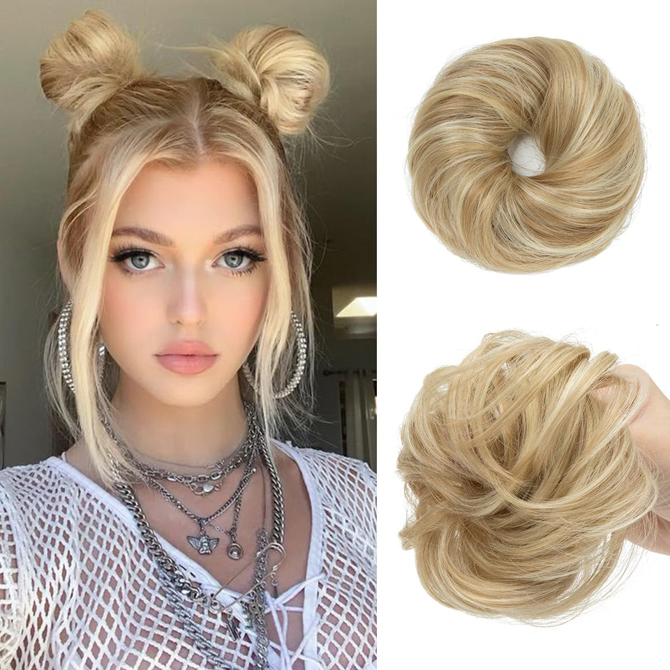 CJL HAIR front packaging showing two dirty blonde mini bun pieces for quick volume
