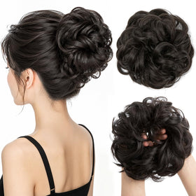 CJL HAIR front view of packaged large messy bun showing natural look benefit