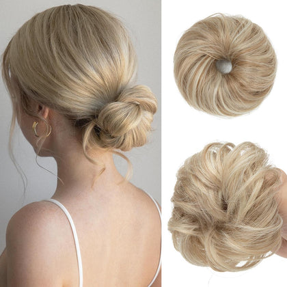 CJL HAIR front view of two sunny blonde mini buns showing packaging and compact shape, easy volume