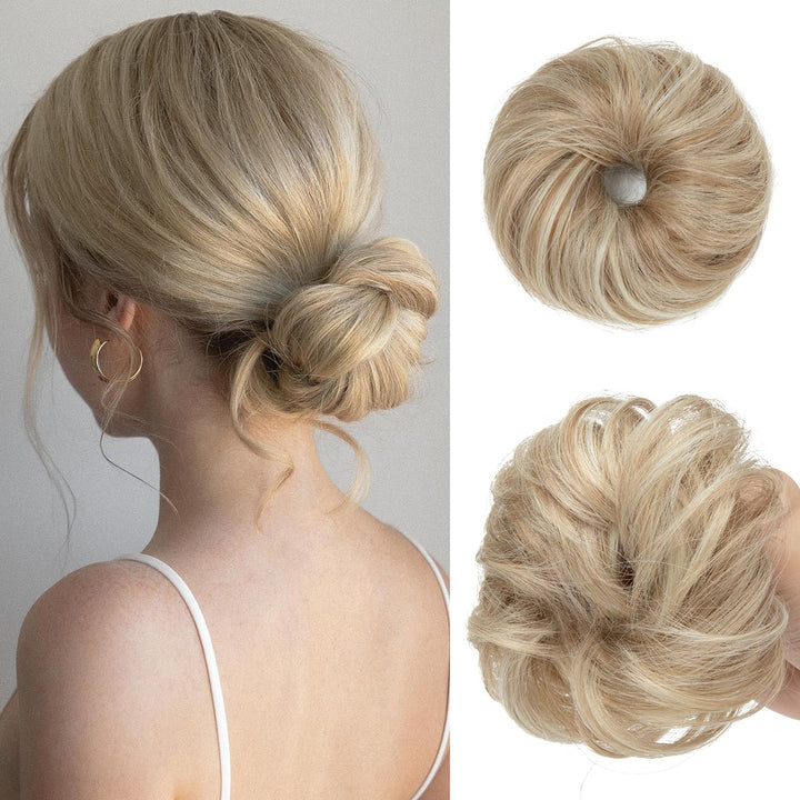 CJL HAIR front view of two sunny blonde mini buns showing packaging and compact shape, easy volume