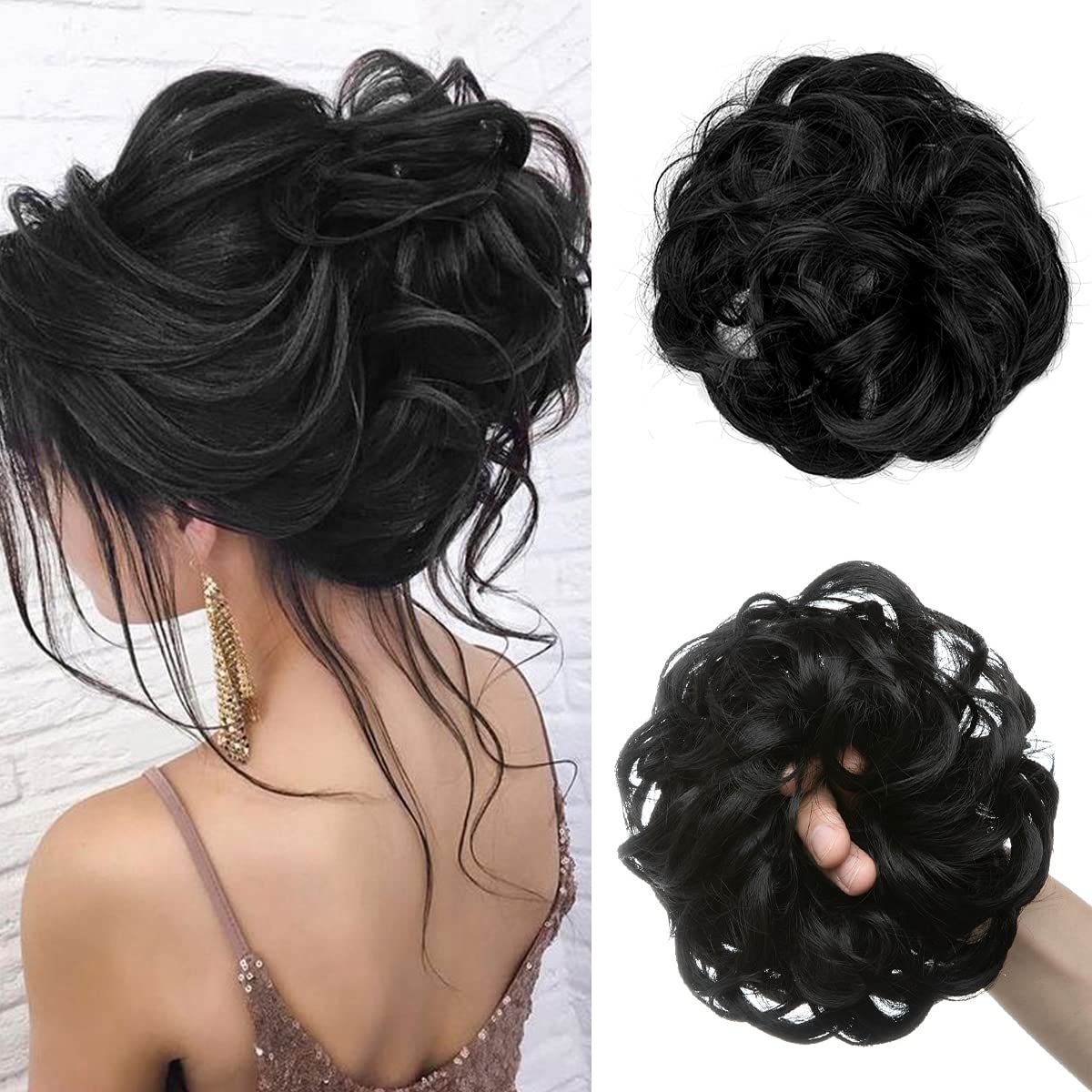 CJL HAIR front view of jet black messy bun showing full volume and quick styling benefit