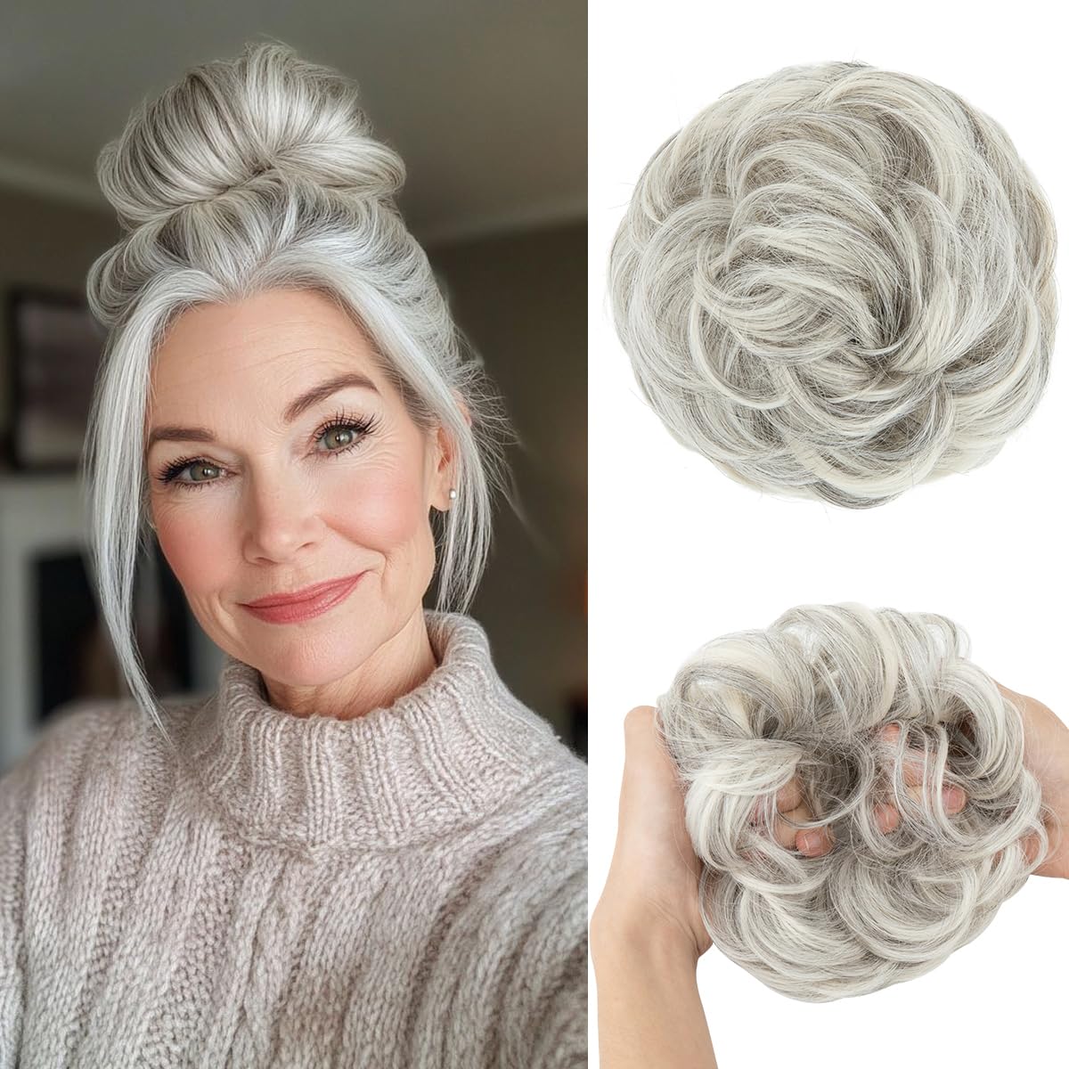 CJL HAIR front view of grey multi messy bun hairpiece showing full volume and natural tones