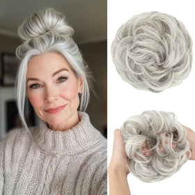 CJL HAIR front view of grey multi messy bun hairpiece showing full volume and natural tones
