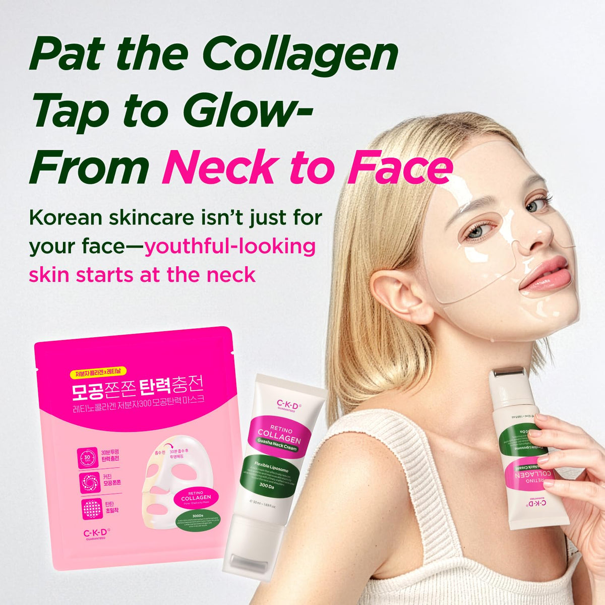 CKD Guaranteed cream applied to décolleté and neck showing smoothing effect