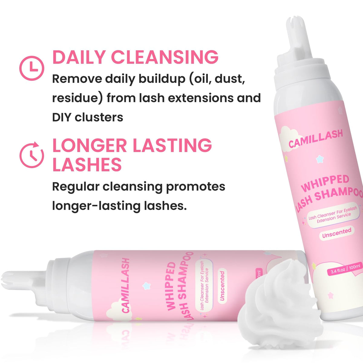 CL CAMILLASH foam on micro brush demonstrating precise lash cleansing