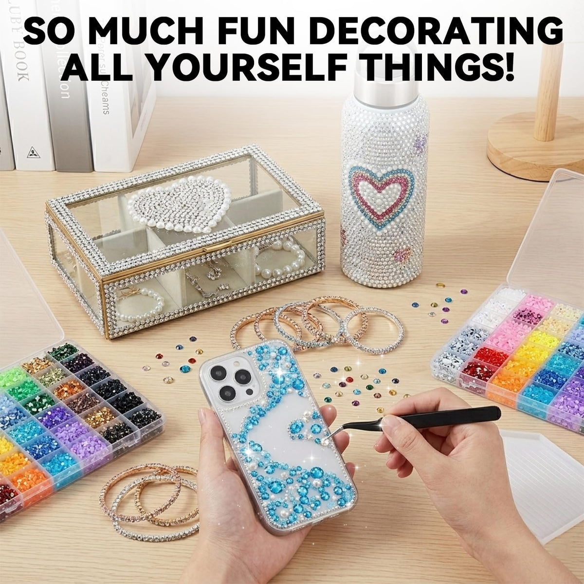 ClaBead bedazzled phone case in hand showing durable decoration