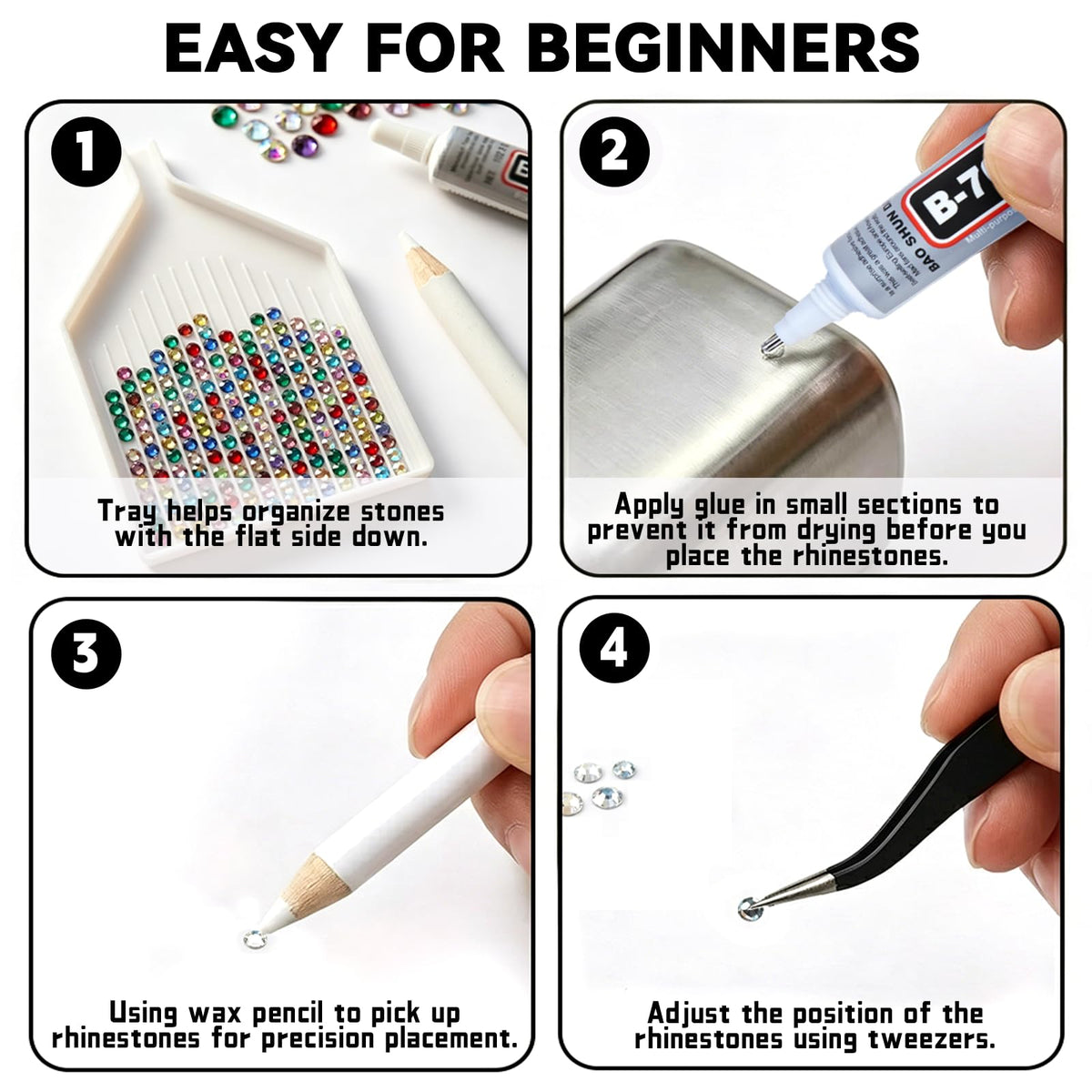 ClaBead tools laid out with glue, tweezers and wax pencil for precision