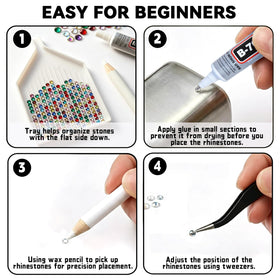 ClaBead tools laid out with glue, tweezers and wax pencil for precision